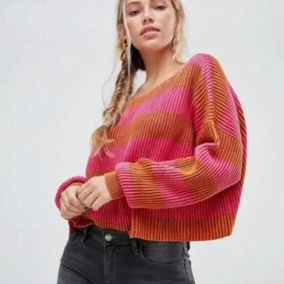 Free People Just My Stripe Sweater Pink Orange Round Neck Cotton Women Sz Small - Picture 1 of 6